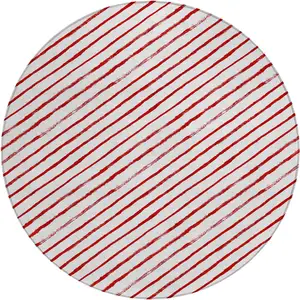 Photo of 8' Red And White Round Striped Washable Indoor Outdoor Area Rug