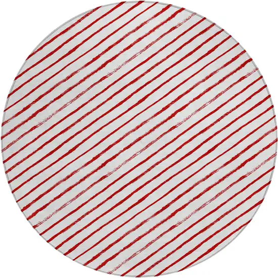 8' Red And White Round Striped Washable Indoor Outdoor Area Rug Photo 1