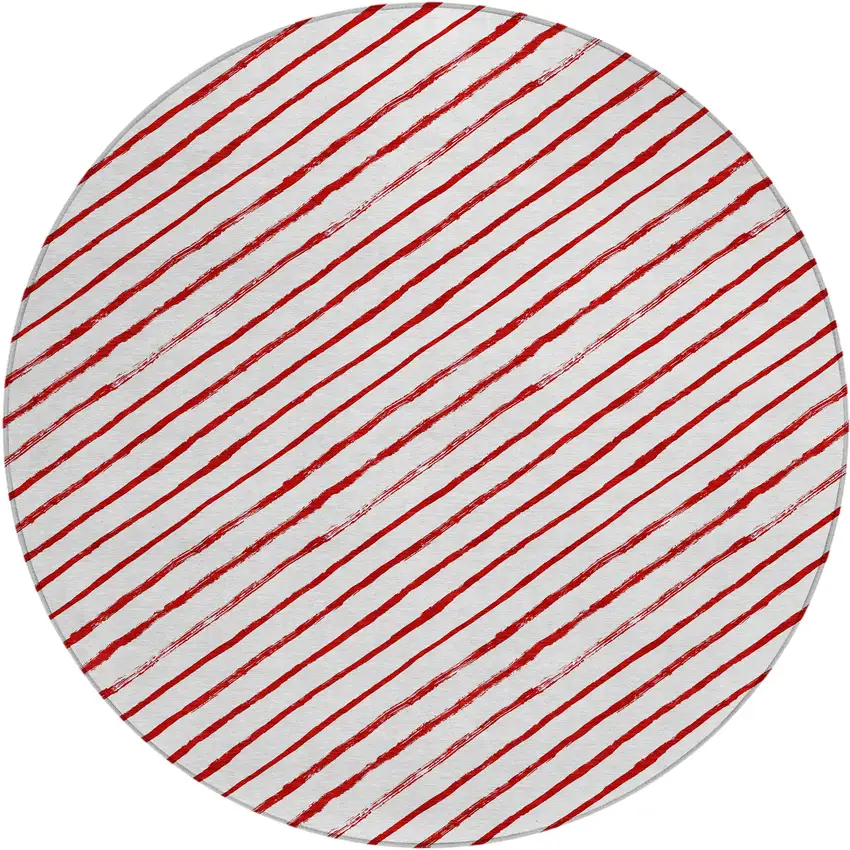 8' Red And White Round Striped Washable Indoor Outdoor Area Rug Photo 1