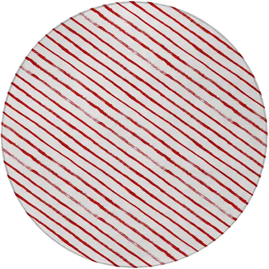 8' Red And White Round Striped Washable Indoor Outdoor Area Rug Photo 3