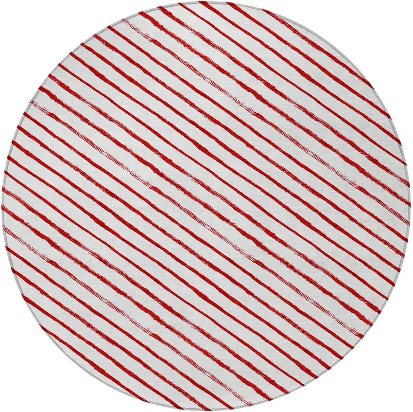 8' Red And White Round Striped Washable Indoor Outdoor Area Rug Photo 3