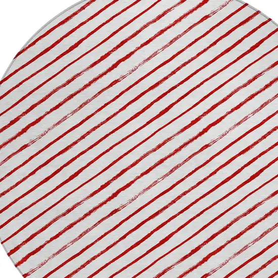 8' Red And White Round Striped Washable Indoor Outdoor Area Rug Photo 8