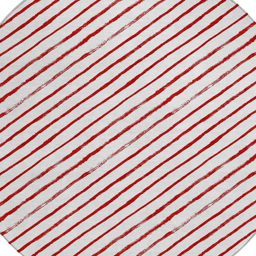 8' Red And White Round Striped Washable Indoor Outdoor Area Rug Photo 4