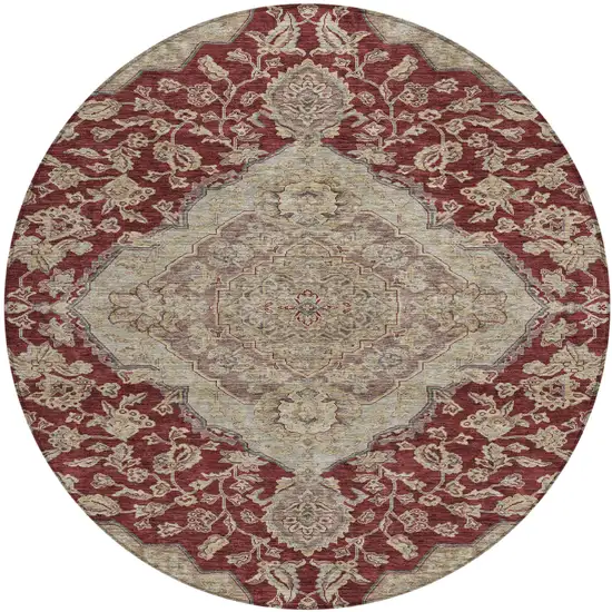 8' Red Beige And Brown Round Oriental Washable Indoor Outdoor Area Rug Photo 2