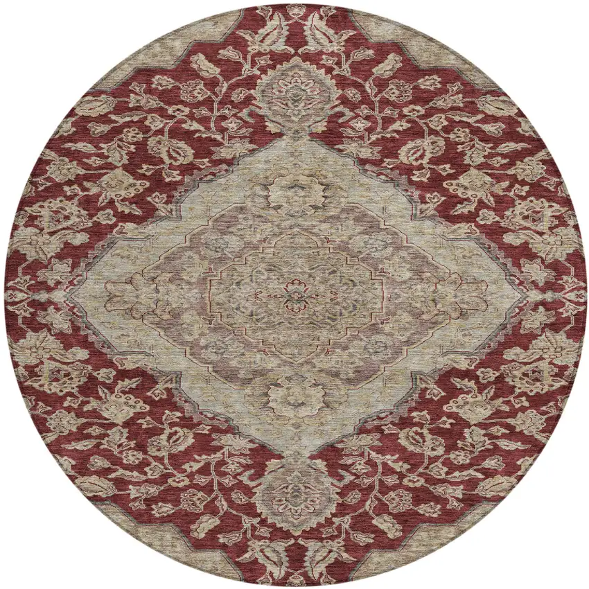 8' Red Beige And Brown Round Oriental Washable Indoor Outdoor Area Rug Photo 2