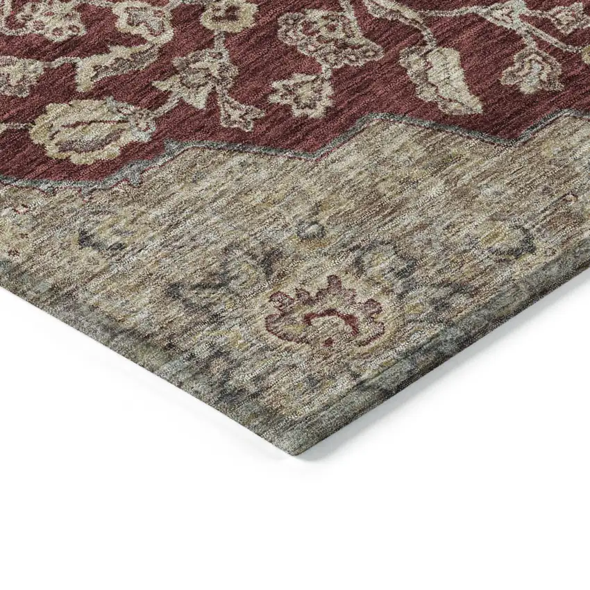 8' Red Beige And Brown Round Oriental Washable Indoor Outdoor Area Rug Photo 4