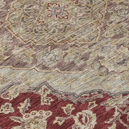 8' Red Beige And Brown Round Oriental Washable Indoor Outdoor Area Rug Photo 5