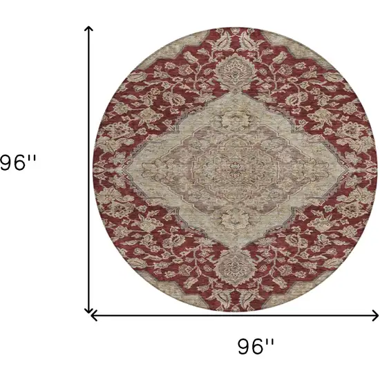 8' Red Beige And Brown Round Oriental Washable Indoor Outdoor Area Rug Photo 9