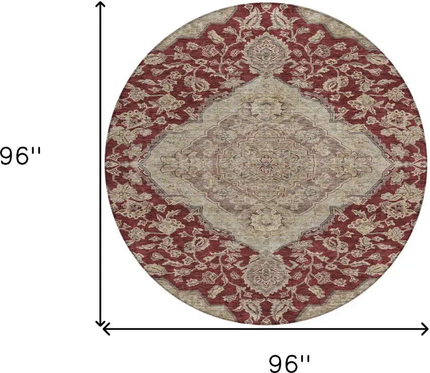 8' Red Beige And Brown Round Oriental Washable Indoor Outdoor Area Rug Photo 9