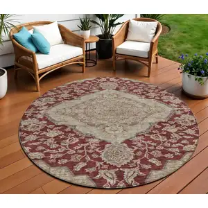 Photo of 8' Red Beige And Brown Round Oriental Washable Indoor Outdoor Area Rug