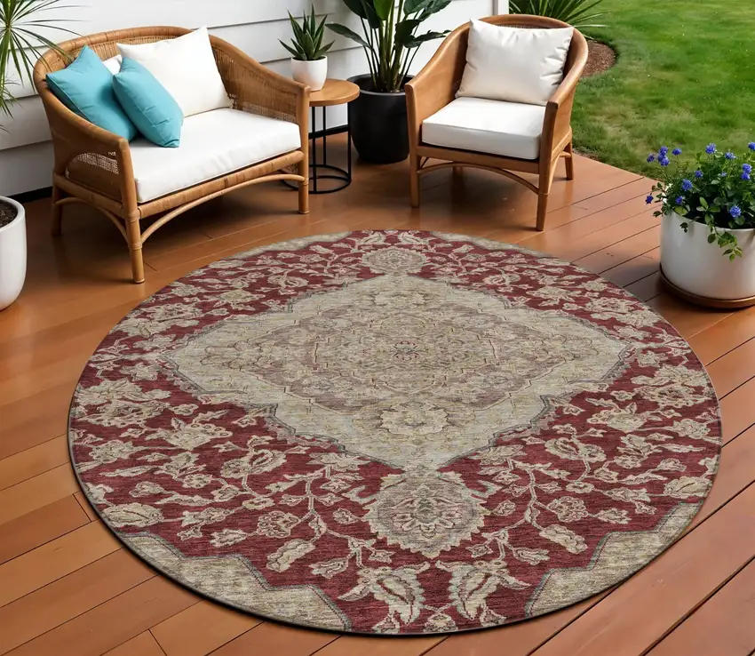 8' Red Beige And Brown Round Oriental Washable Indoor Outdoor Area Rug Photo 1