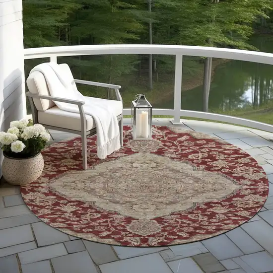 8' Red Beige And Brown Round Oriental Washable Indoor Outdoor Area Rug Photo 7