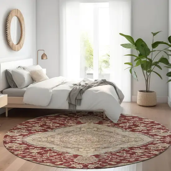 8' Red Beige And Brown Round Oriental Washable Indoor Outdoor Area Rug Photo 8
