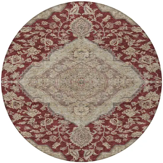 8' Red Beige And Brown Round Oriental Washable Indoor Outdoor Area Rug Photo 6