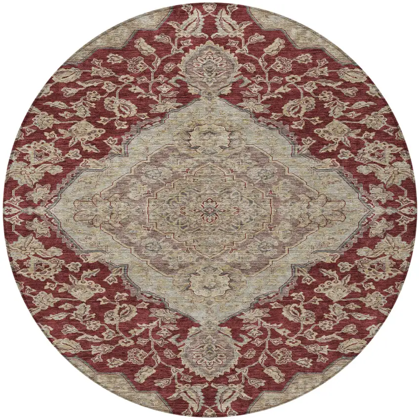 8' Red Beige And Brown Round Oriental Washable Indoor Outdoor Area Rug Photo 6