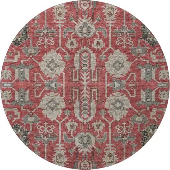 8' Red Beige And Charcoal Oriental Washable Round Rug With UV Protection Photo 4