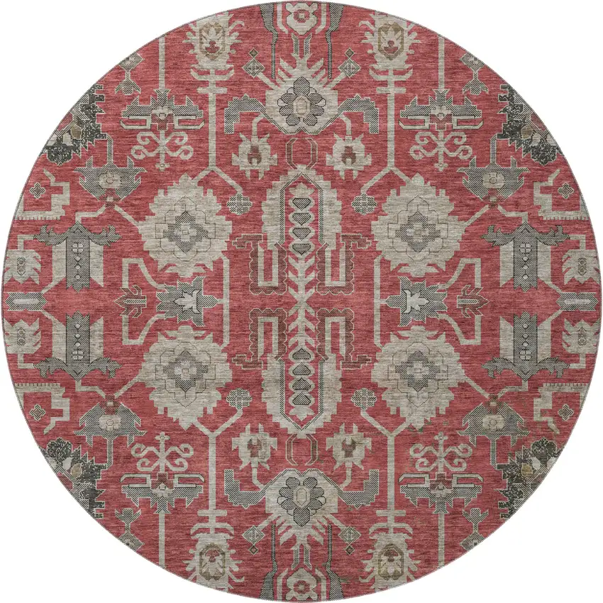 8' Red Beige And Charcoal Oriental Washable Round Rug With UV Protection Photo 4