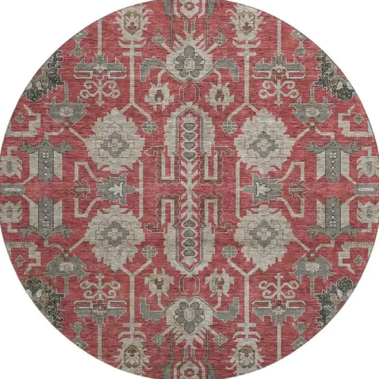 8' Red Beige And Charcoal Oriental Washable Round Rug With UV Protection Photo 3