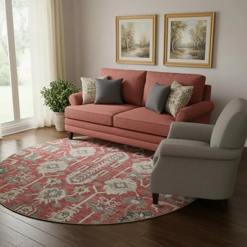 8' Red Beige And Charcoal Oriental Washable Round Rug With UV Protection Photo 1