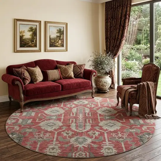 8' Red Beige And Charcoal Oriental Washable Round Rug With UV Protection Photo 1