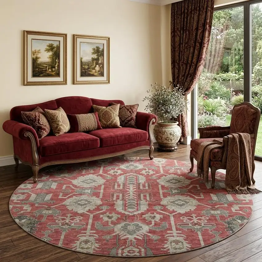 8' Red Beige And Charcoal Oriental Washable Round Rug With UV Protection Photo 1
