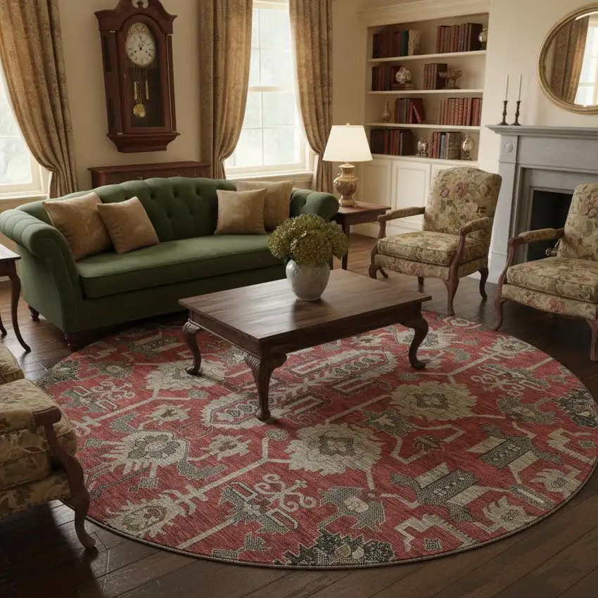 8' Red Beige And Charcoal Oriental Washable Round Rug With UV Protection Photo 2