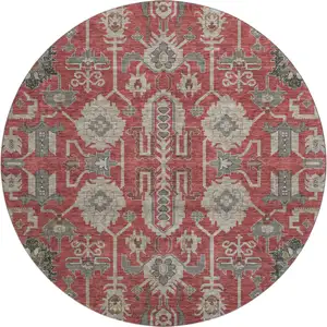 Photo of 8' Red Beige And Charcoal Oriental Washable Round Rug With UV Protection