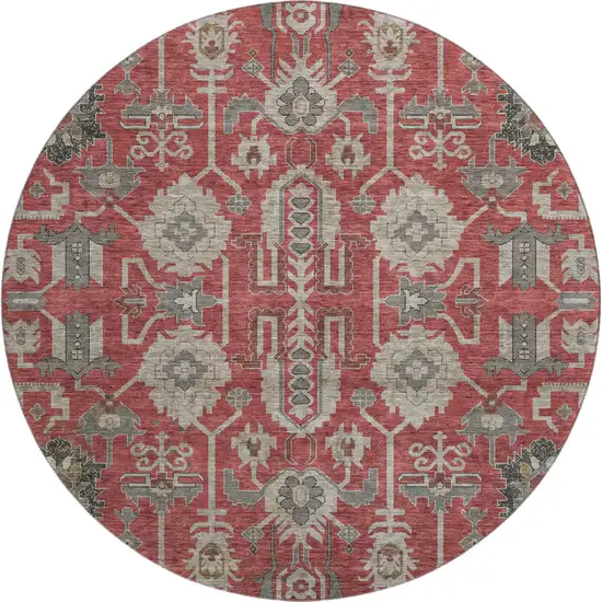 8' Red Beige And Charcoal Oriental Washable Round Rug With UV Protection Photo 1