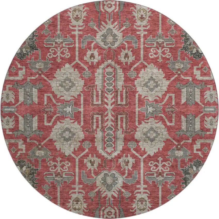 8' Red Beige And Charcoal Oriental Washable Round Rug With UV Protection Photo 1