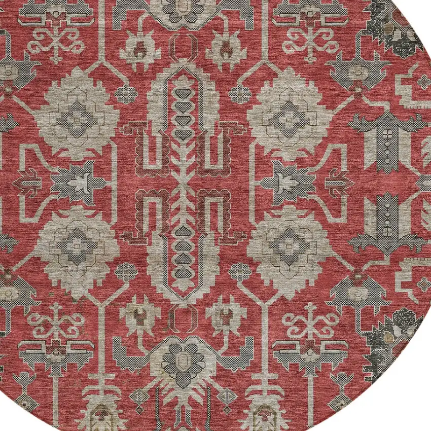 8' Red Beige And Charcoal Round Oriental Washable Indoor Outdoor Area Rug Photo 5