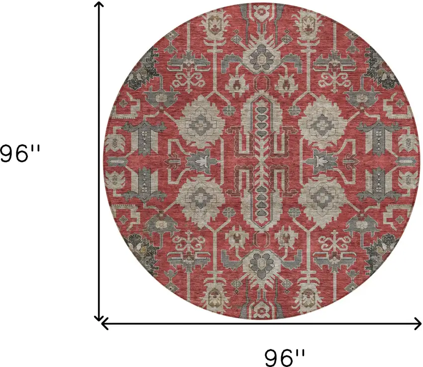 8' Red Beige And Charcoal Round Oriental Washable Indoor Outdoor Area Rug Photo 9