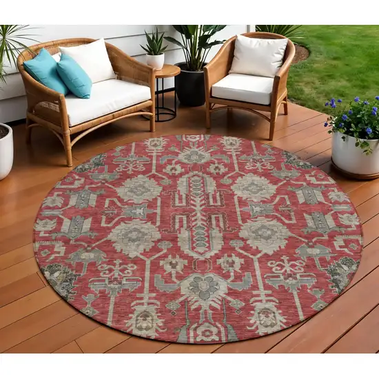 8' Red Beige And Charcoal Round Oriental Washable Indoor Outdoor Area Rug Photo 1