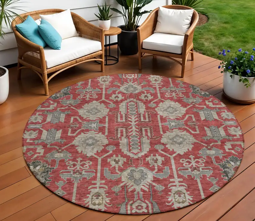 8' Red Beige And Charcoal Round Oriental Washable Indoor Outdoor Area Rug Photo 1