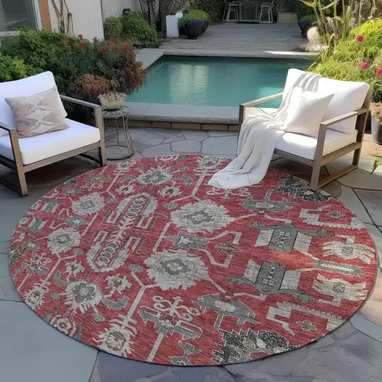 8' Red Beige And Charcoal Round Oriental Washable Indoor Outdoor Area Rug Photo 8