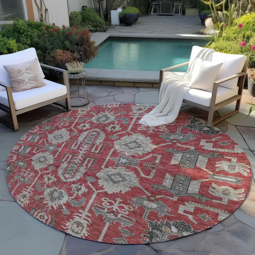 8' Red Beige And Charcoal Round Oriental Washable Indoor Outdoor Area Rug Photo 8