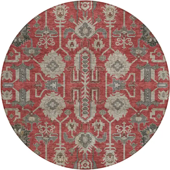 8' Red Beige And Charcoal Round Oriental Washable Indoor Outdoor Area Rug Photo 1