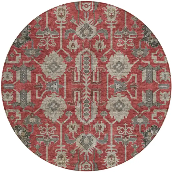 8' Red Beige And Charcoal Round Oriental Washable Indoor Outdoor Area Rug Photo 1