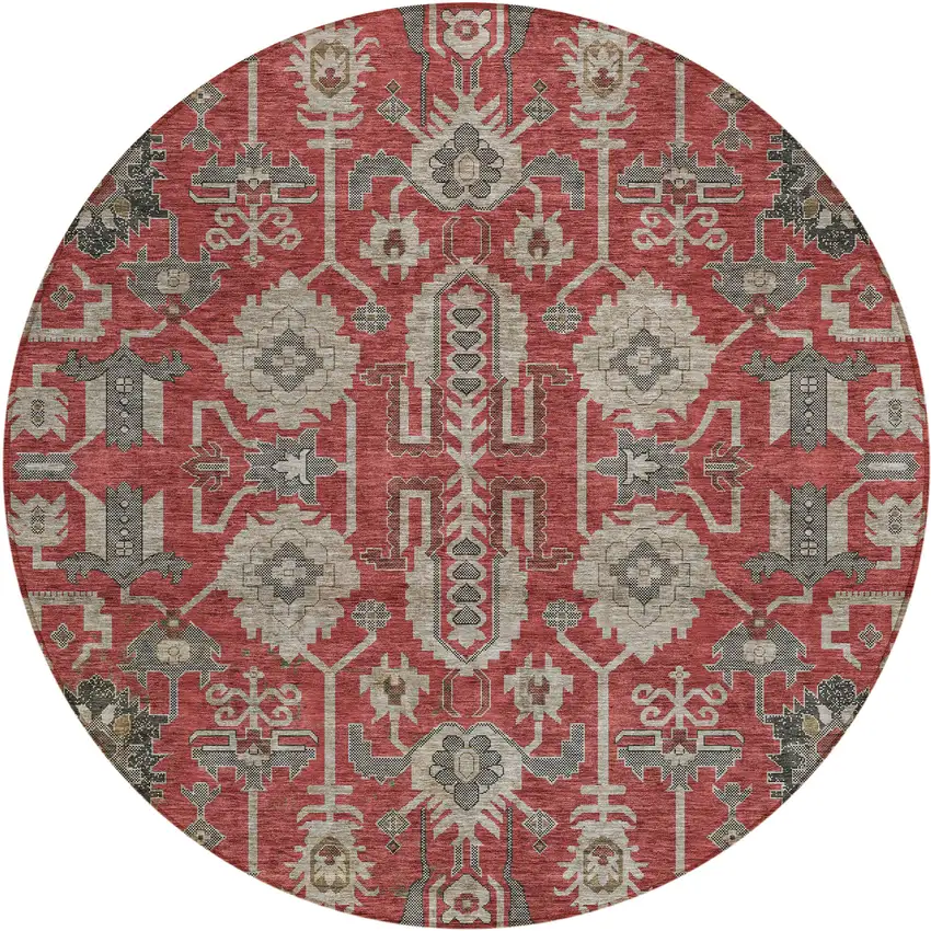 8' Red Beige And Charcoal Round Oriental Washable Indoor Outdoor Area Rug Photo 1