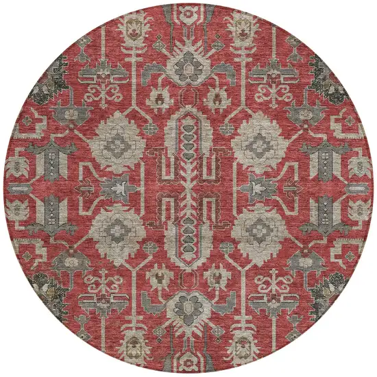 8' Red Beige And Charcoal Round Oriental Washable Indoor Outdoor Area Rug Photo 6
