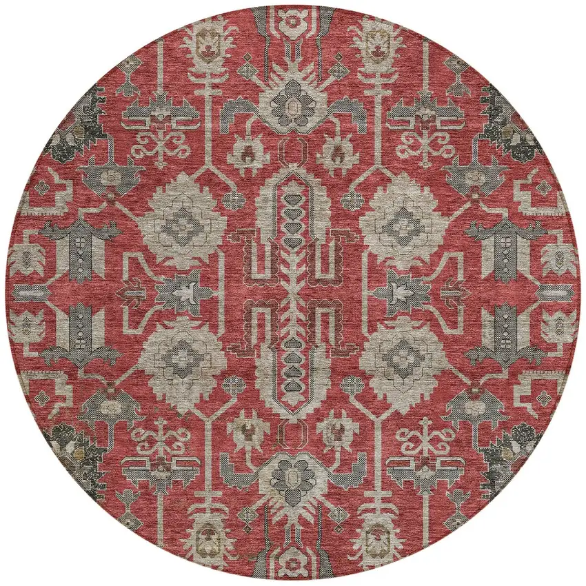 8' Red Beige And Charcoal Round Oriental Washable Indoor Outdoor Area Rug Photo 6