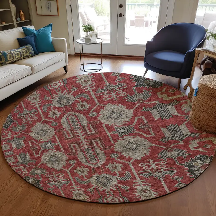 8' Red Beige And Charcoal Round Oriental Washable Indoor Outdoor Area Rug Photo 8