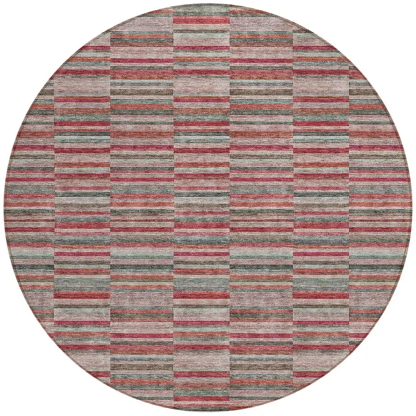 8' Red Beige And Copper Round Striped Washable Indoor Outdoor Area Rug Photo 6