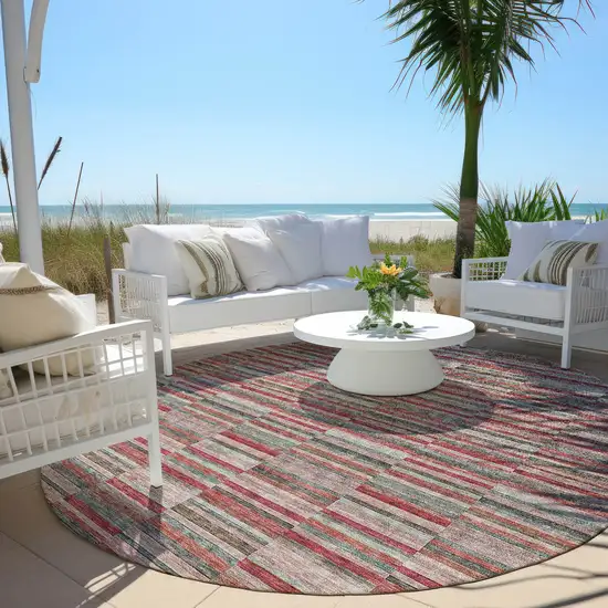 8' Red Beige And Copper Round Striped Washable Indoor Outdoor Area Rug Photo 7