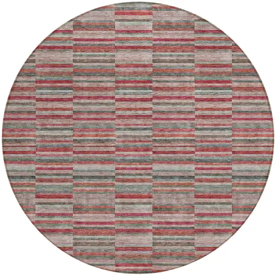 8' Red Beige And Copper Round Striped Washable Indoor Outdoor Area Rug Photo 2