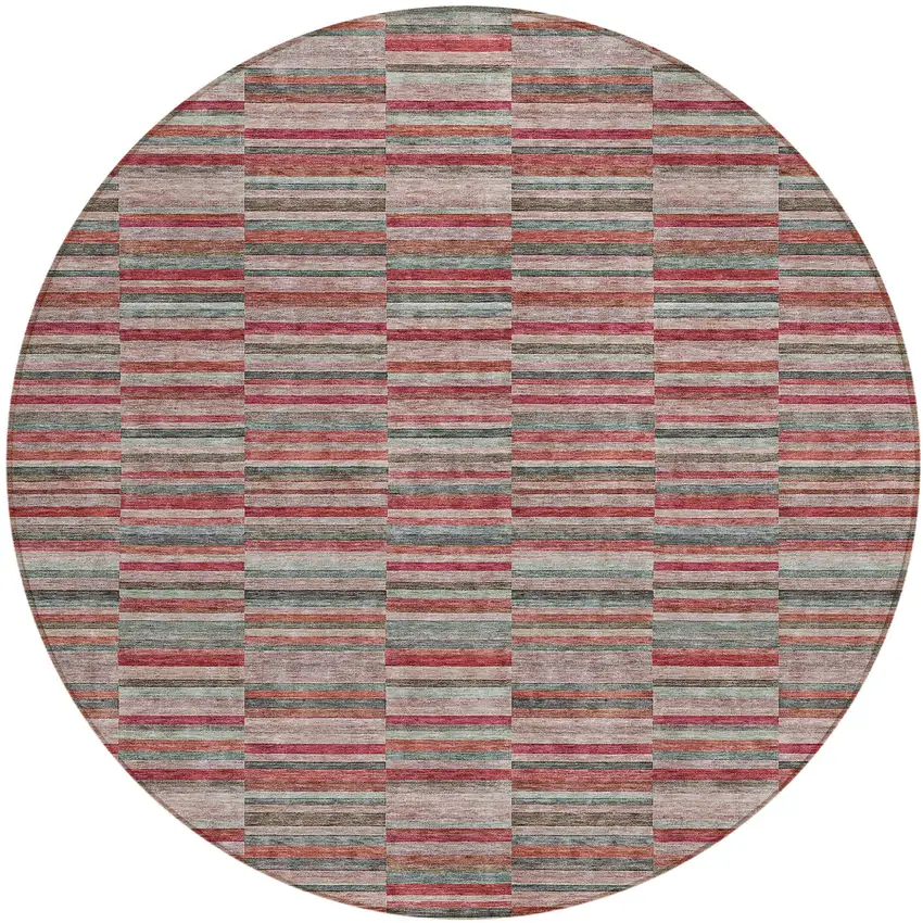 8' Red Beige And Copper Round Striped Washable Indoor Outdoor Area Rug Photo 2