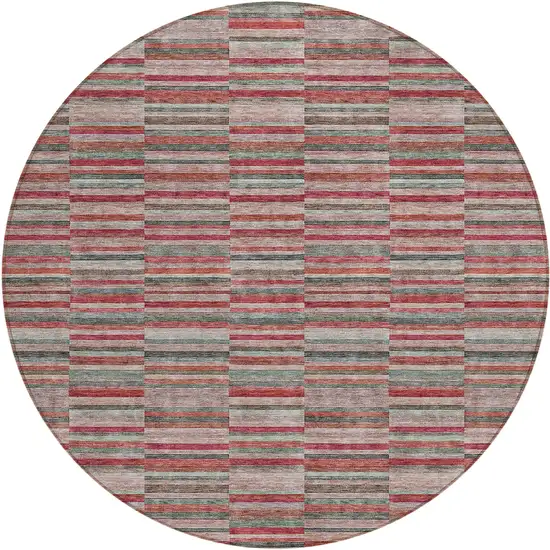 8' Red Beige And Copper Round Striped Washable Indoor Outdoor Area Rug Photo 2
