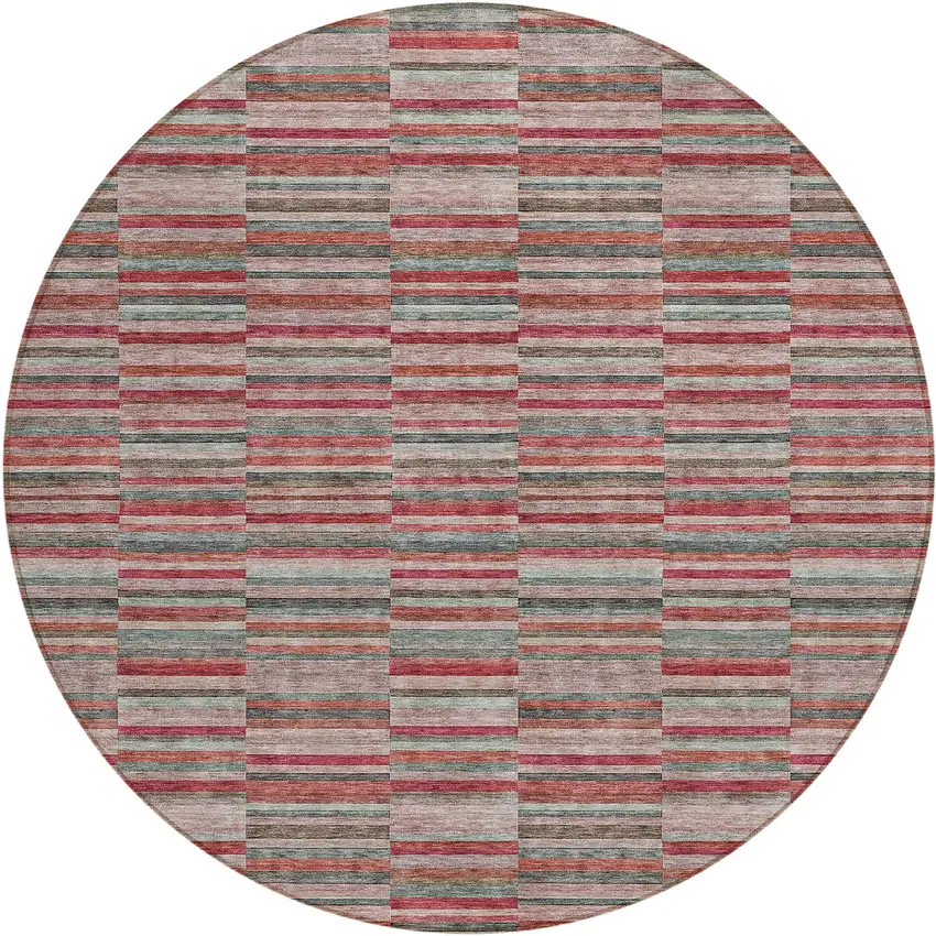 8' Red Beige And Copper Round Striped Washable Indoor Outdoor Area Rug Photo 2