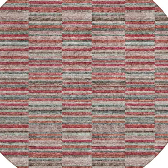 8' Red Beige And Copper Round Striped Washable Indoor Outdoor Area Rug Photo 5