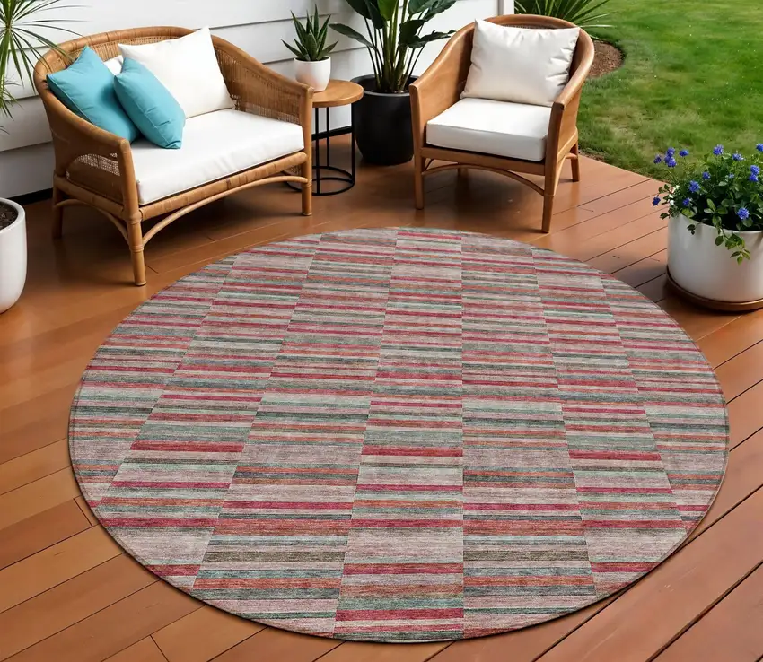 8' Red Beige And Copper Round Striped Washable Indoor Outdoor Area Rug Photo 1