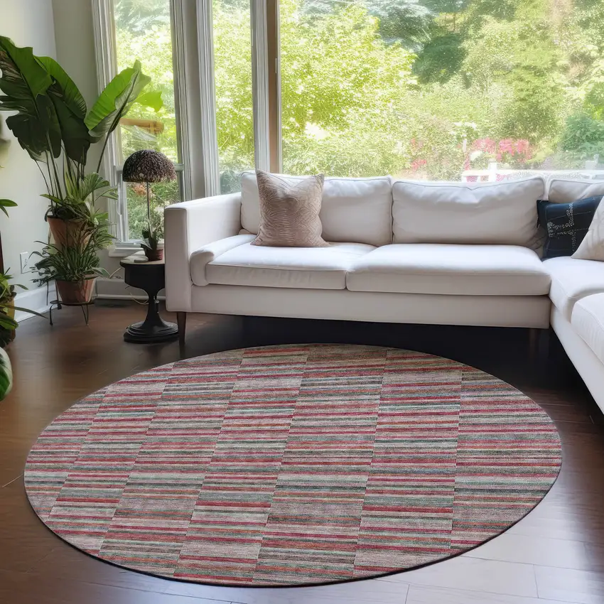8' Red Beige And Copper Round Striped Washable Indoor Outdoor Area Rug Photo 8